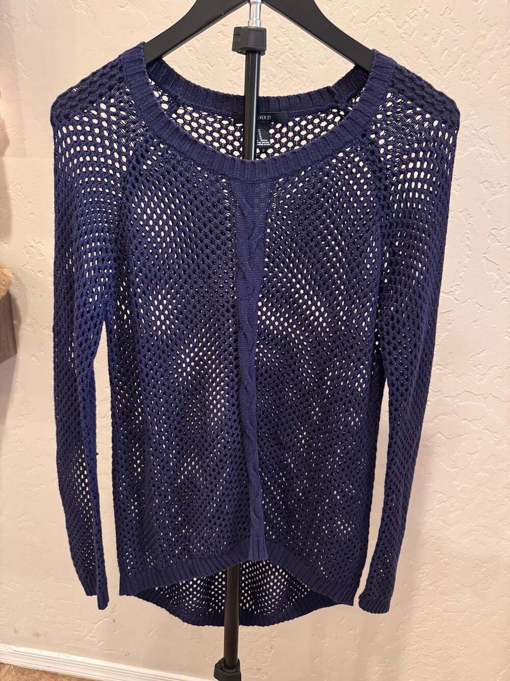 Forever 21 Women's Navy Blue Open Knit Fishnet Pullover Sweater